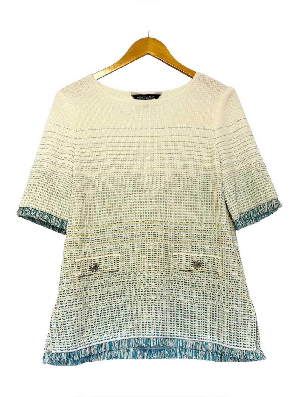 Ming Wang Fringe Trim Blue and White Ombre Jacquard Knit Sweater size M